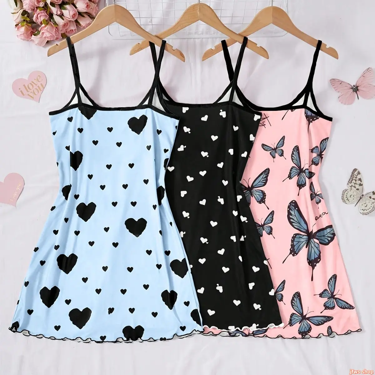 2026 New Mixed Color Heart Print Lace Trim Cami Pajama Set for Women 3-Piece Summer Sleepwear with Soft Breathable Fabric, Adjustable Spaghetti Strap, Lounge Shorts and Pants, Comfy Loungewear Set tiktokshopbacktoschool