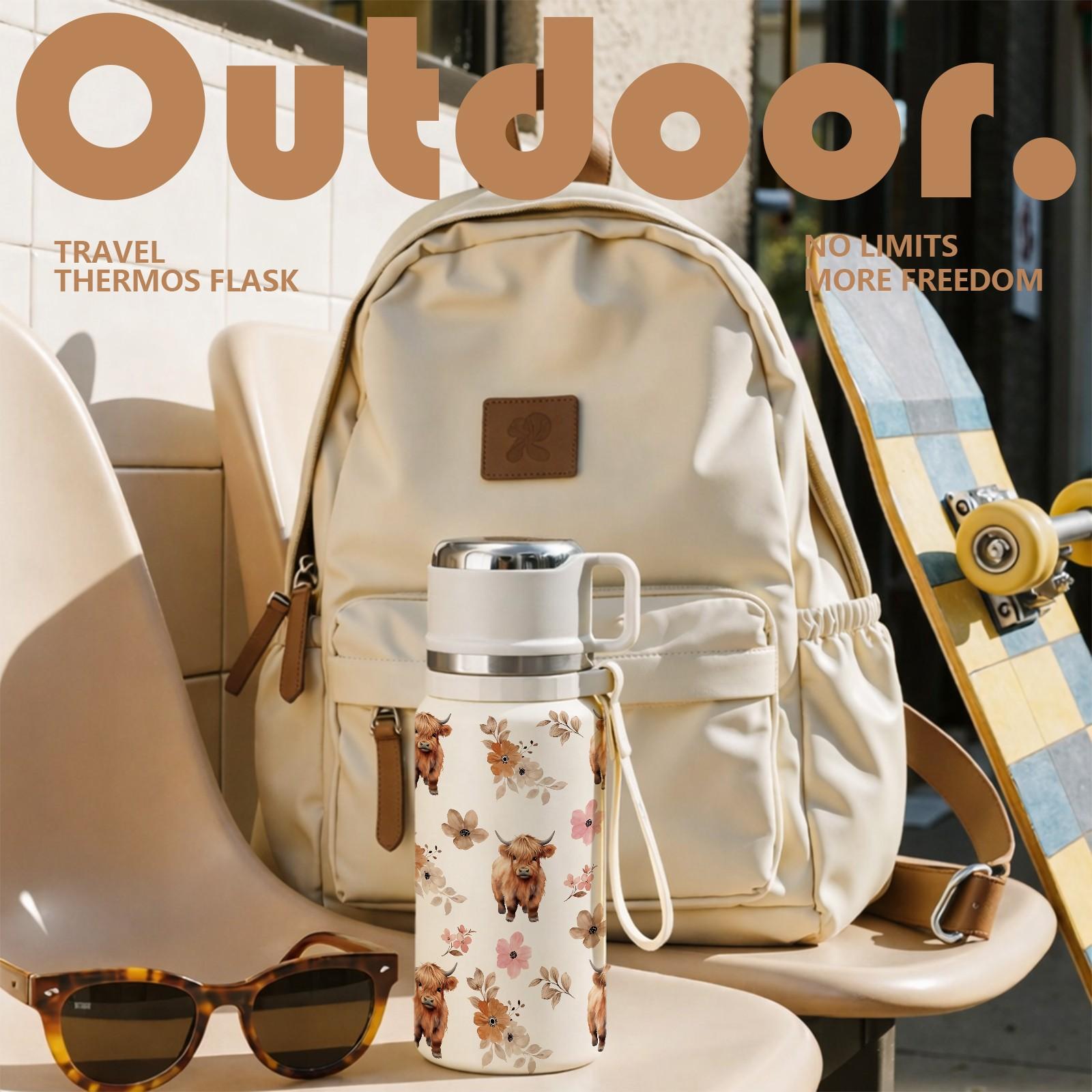 600ml Highland Cow Floral Insulated Water Bottle, 316 Stainless Steel Thermos with Handle & Strap, 48H Hot 24H Cold Leakproof Flask for Coffee Tea, Reusable Travel Tumbler for Outdoor Camping Hiking, Cute Aesthetic Gift for Women Girls