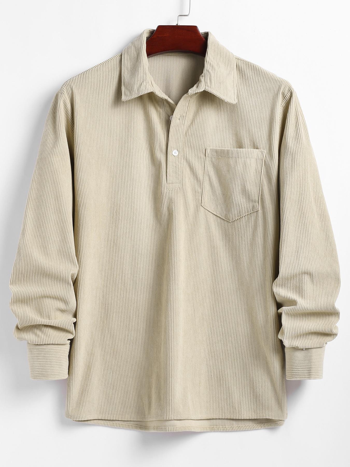 Men's Plain Pocket Half Button Corduroy Shirt, Casual Comfy Regular Fit Long Sleeve Collared Top For Fall & Winter, Men's Clothes For Daily Wear