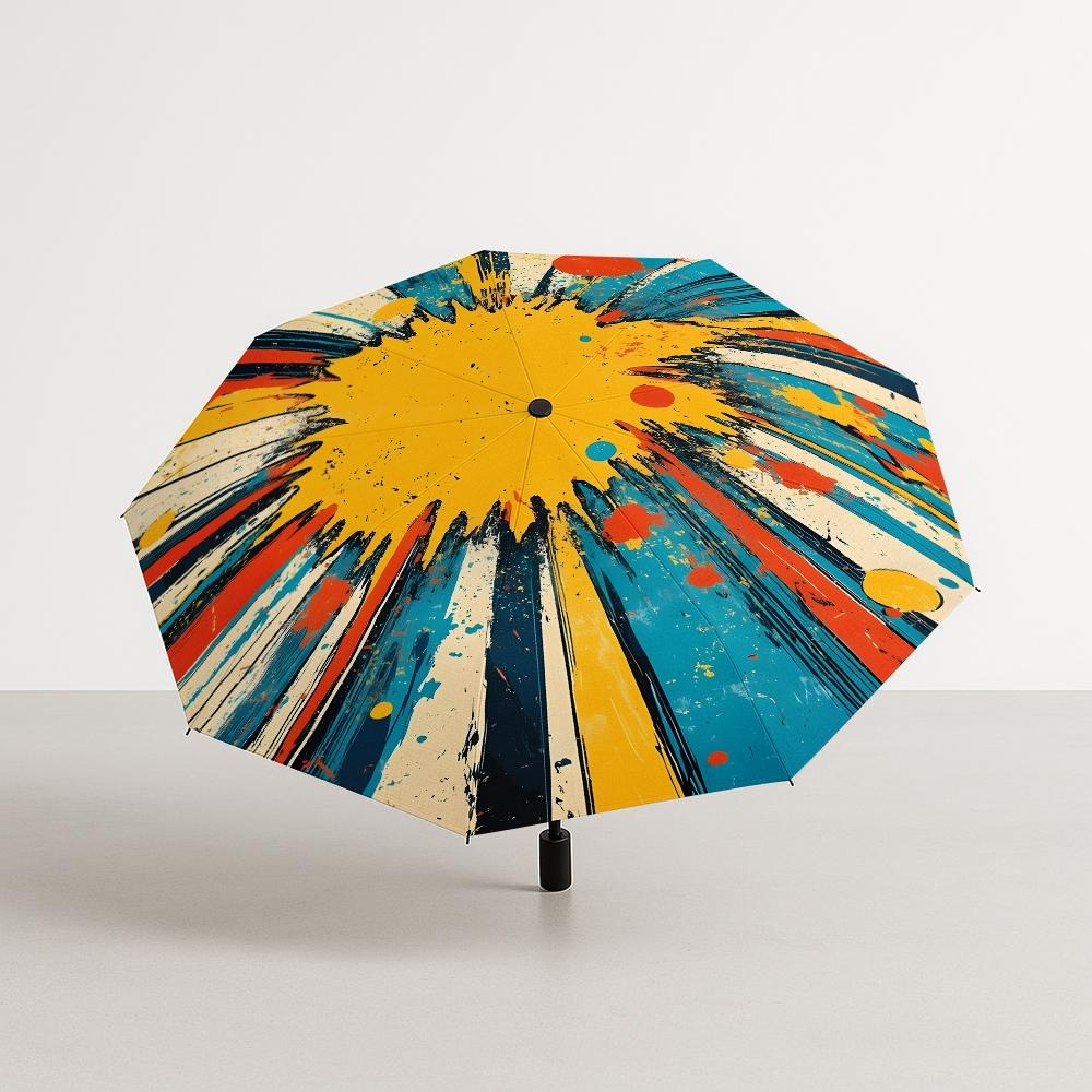 Comic Explosion Wind Resistant Foldable Automatic Umbrella Vintage Splatter Bold Colors, Functional Photo Prop, Portable 8 Ribs, Great Gift for Christmas & Valentine's Day