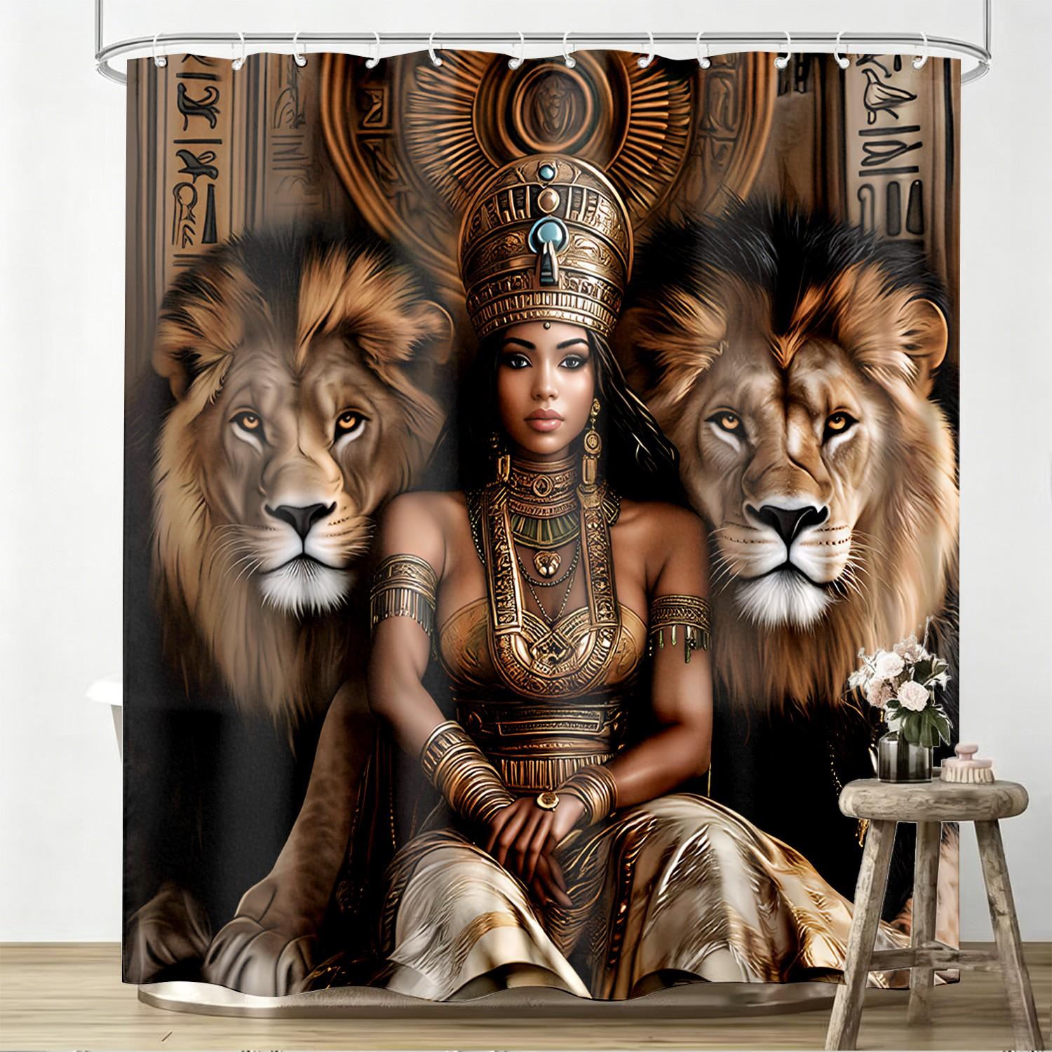 1pcs Luxury Ancient Egypt Queen and Lion Guardians Bathroom Printed Shower Curtain, Elegant Print Shades, Royal Golden Goddess Bath Backdrop, Ethnic Wall Art Hanging