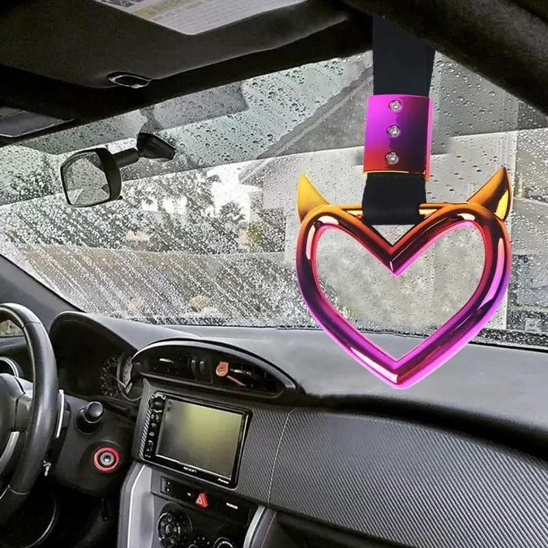 Car Gradient Demon Horn Heart Pull Ring, Interior Exterior Modification Handle Ring, Tail Hanging Decoration, Car Personalized Decor & Auxiliary Handle