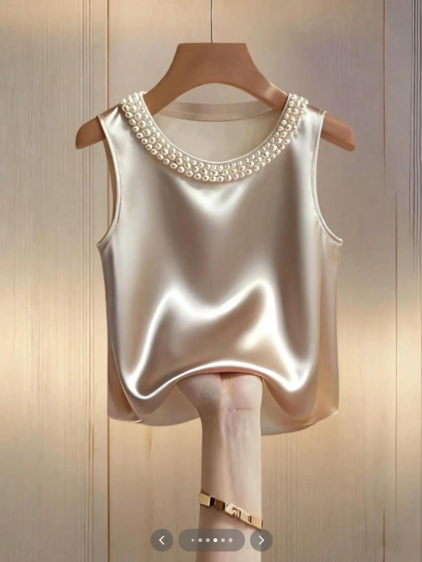 Women's Plain Pearl Round Neck Simple Fashion Minimalist Vest Top, Casual Fitted Sleeveless Blouse, Stylish Daily Wear Clothing