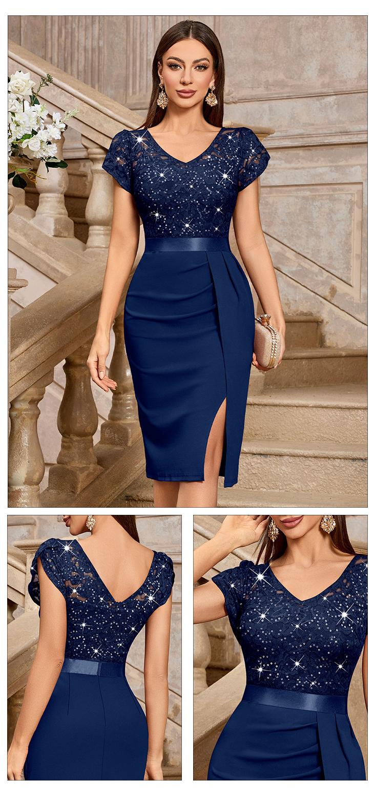 MIUSOL 54347A Women's Sequin Floral Lace V Neck Elegant Ruffle Ruched Style Slim Fit Cocktail Party Chic Womenswear Formal Dress