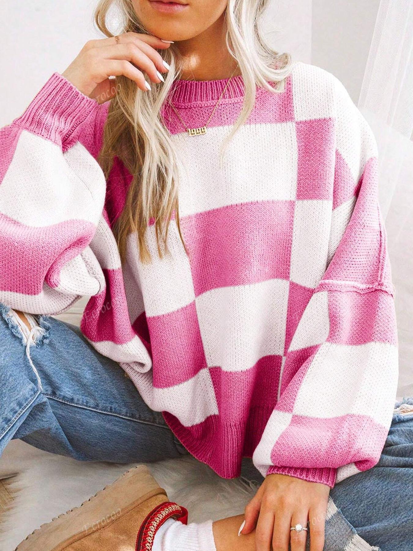 Plus Size Plaid Drop-Shoulder Knitted Sweater, Casual Long-Sleeve Knitwear Womenswear for Fall & Winter, Loose-Fitting Round Neck Pullover for Women