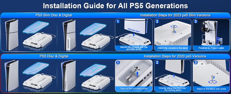 Ponkor PS5 Cooling and Charging Dock, Compatible with PlayStation 5 Standard, Slim and Pro Consoles (Disc & Digital), Featuring Dual PS5 Controller Charger, Adjustable 3-Speed Cooling Fan, 8 Modes Dynamic RGB Lighting, Headset Hook & 3 USB Hubs