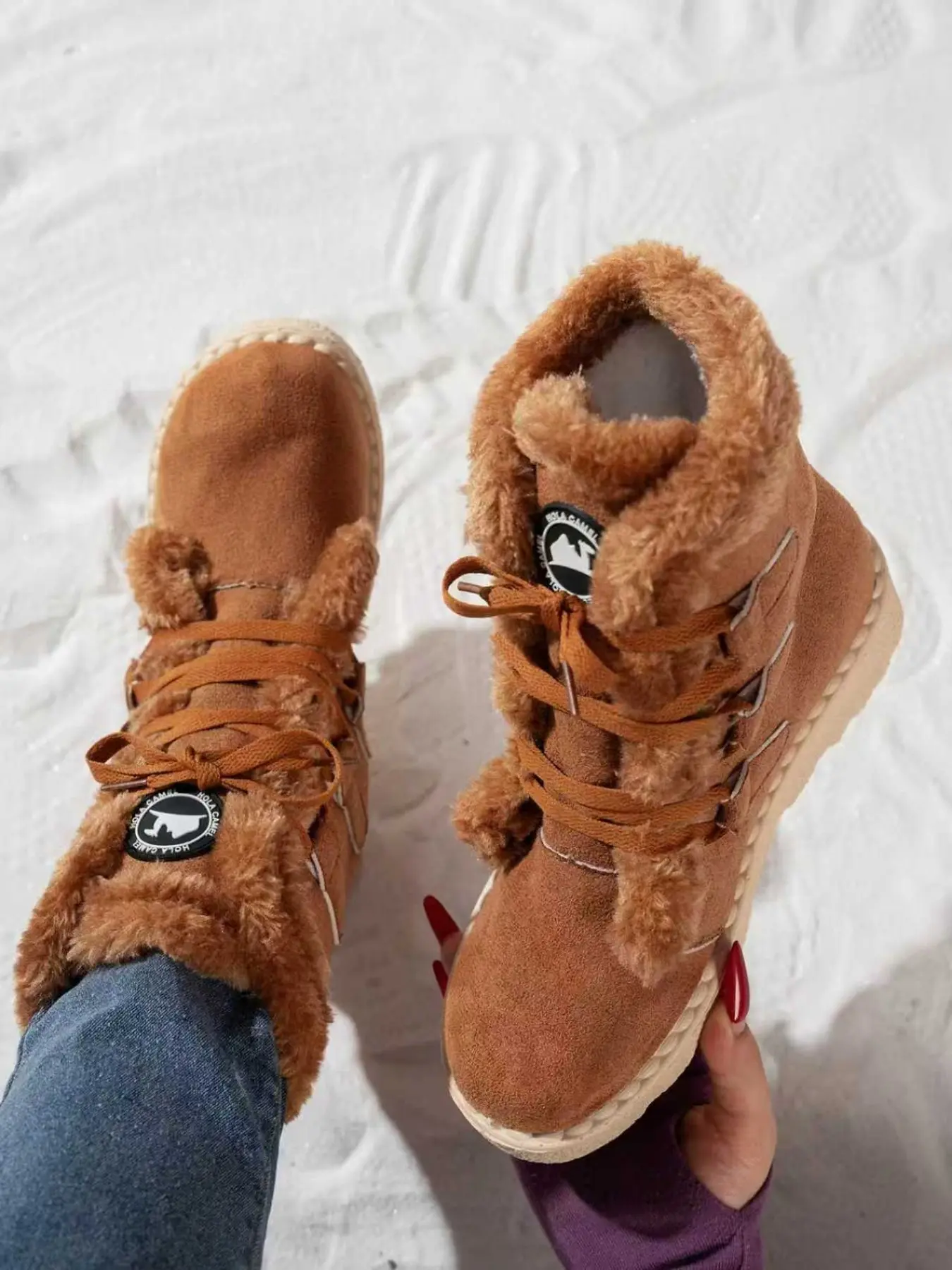 Women's New Winter Warm Snow Boots, Faux Suede Upper, Soft Comfort, Fur Trim, Laces, Mid-Calf, Casual, Textile Material