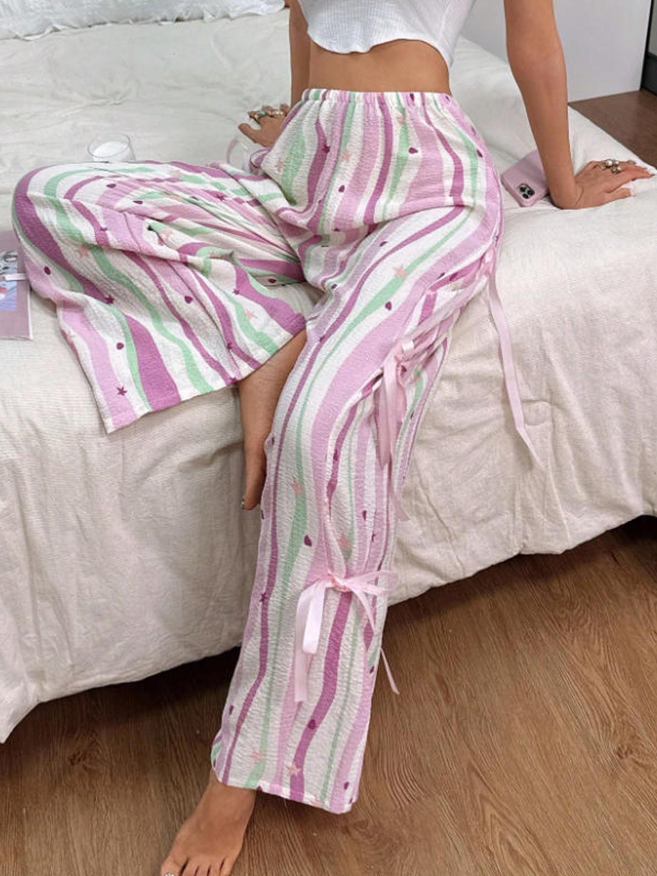 Women's Multicolor Striped Plaid Wide Leg Pants, Side Bow Tie Long Pants, Sweet Heart Star Print Casual Trousers, Bottoms