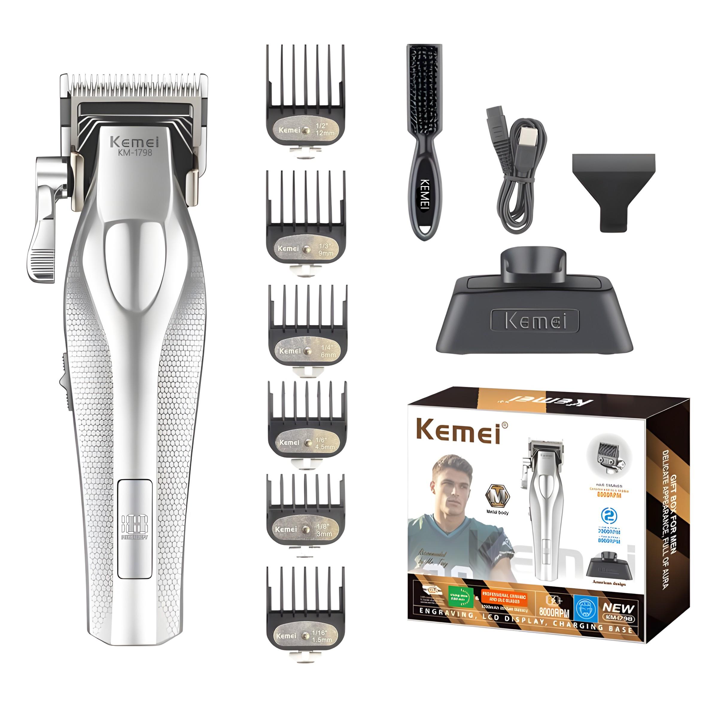 Km New Metal Silver Color Electric Hair Trimmer Set, Km-1798 Main Push + Km-3023-702 Carving Hair Trimmer, Wireless Fast Charging