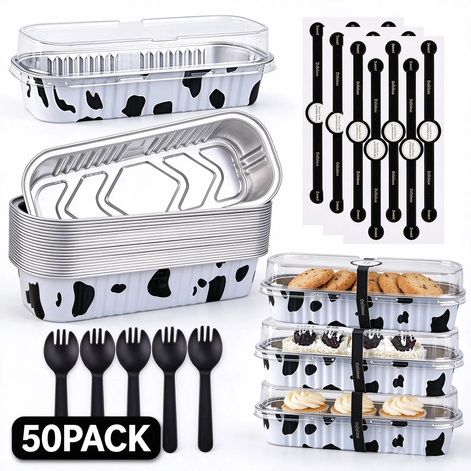 50 Pack Mini Loaf Baking Pans with Lids and Spoons, Bakeware, Mini Cake Pans Disposable, Cow Print Aluminum Foil Containers, Muffin Tins, Rectangle Aluminum Foil Baking Pans, Food Storage Containers for Cookies, Cupcakes, Desserts