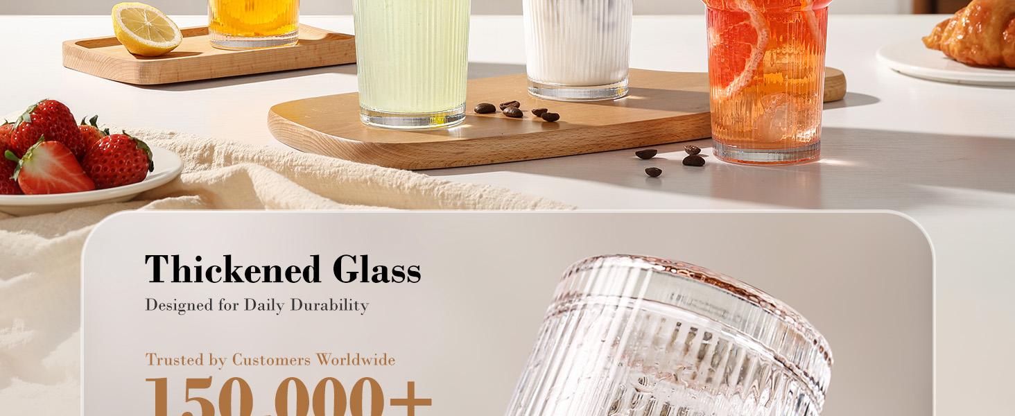 20oz Glass Tumblers with Straws and Lids, Ribbed Iced Coffee Cups Leak-proof, Dishwasher Safe, Thickened Glass Cups with Lids Ideal for Coffee and Travel, Clear, 4 Pack