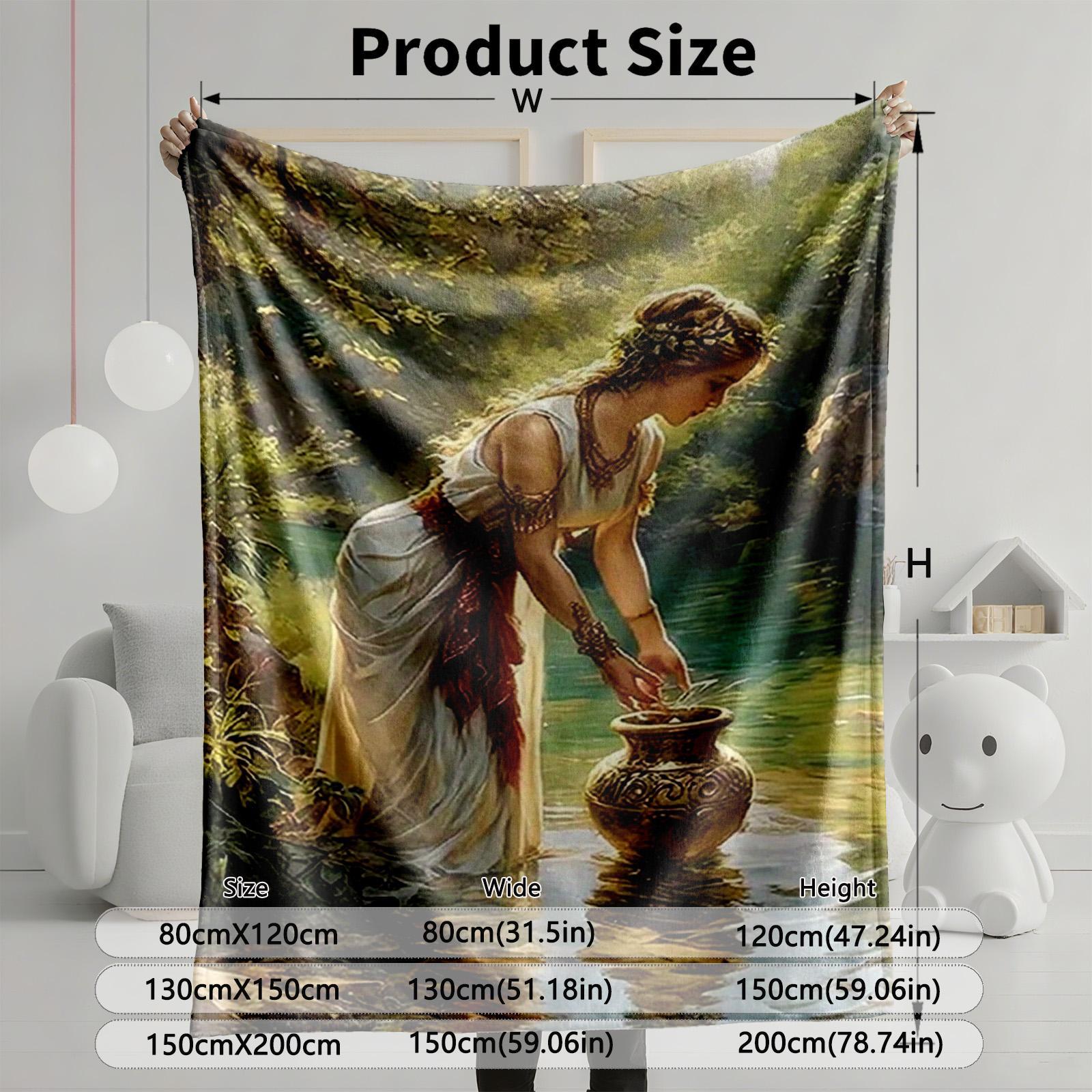 1 piece Classical style woman drawing water by the stream oil painting themed flannel blanket - Oversized fluffy flannel sofa blanket, suitable for beds and sofas, modern design, all-season use, digitally printed pattern, 100% polyester material