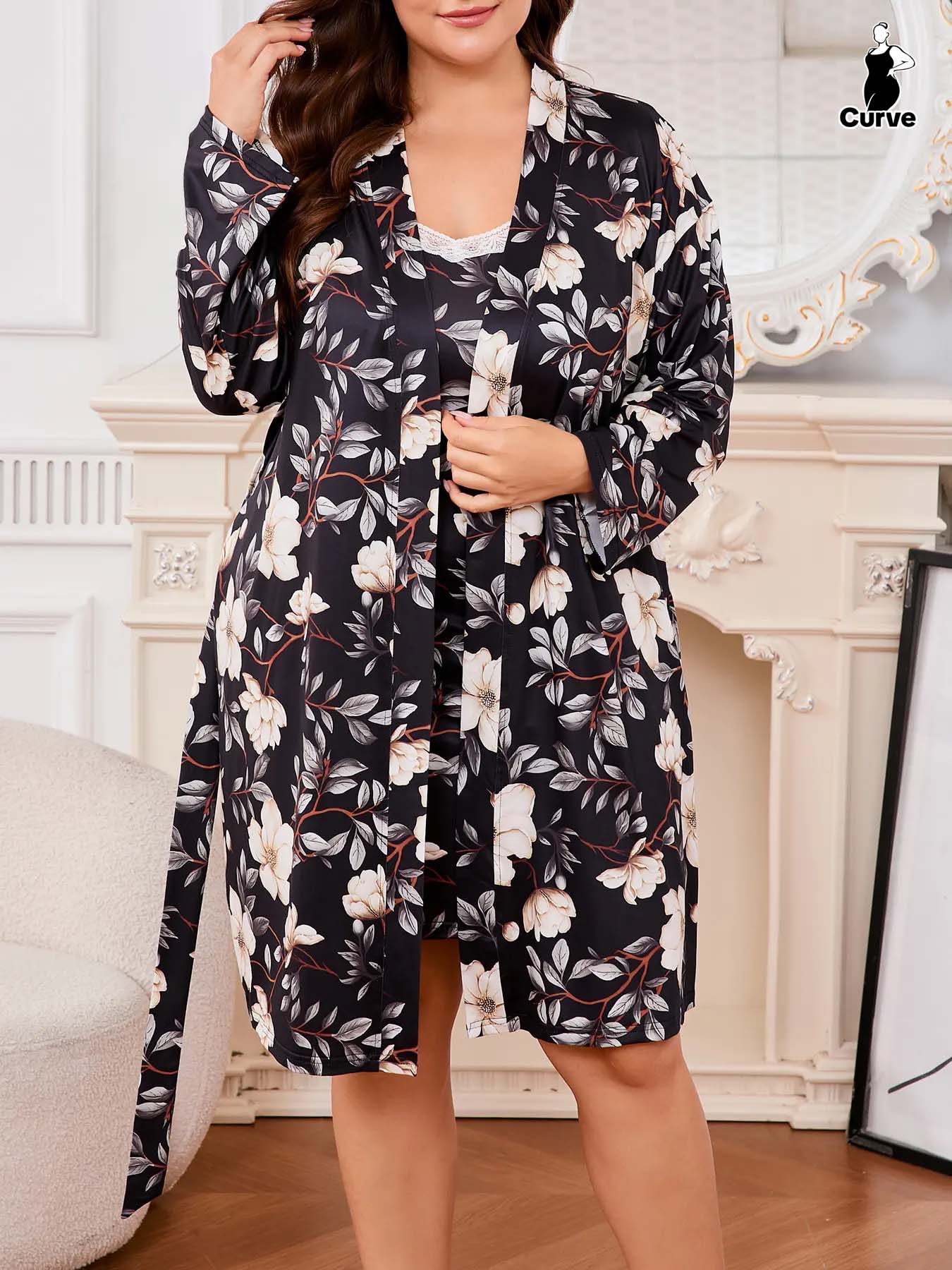 Plus Size Floral Butterfly Lace Slip Dress & Long Sleeve Robe Set, Casual Fitted Home Wear, All Seasons Comfortable Sleepwear