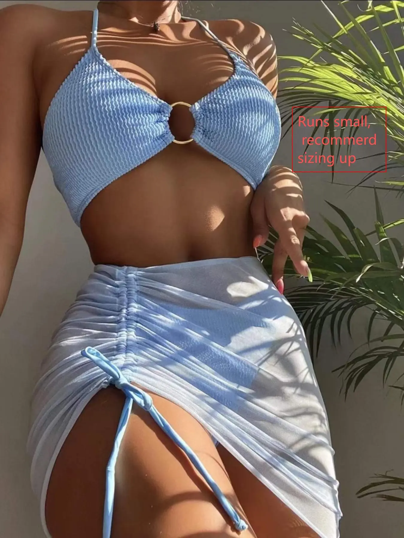 Women's Ring-Linked Halter Bikini Top, Drawstring Skirt & High Cut Bottom 3-Piece Bikini Swimsuit Set Halter Neck Swimwear Bikini Sets Swimsuits Summer