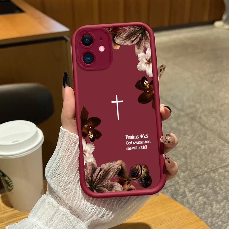 Vintage Floral Aesthetics Lanyard Phone Shell Christian Psalms 46:5 Cross for 【iPhone 12】  Matte Finish Anti Drop Bumper Religious Birthday Gift For Her 666