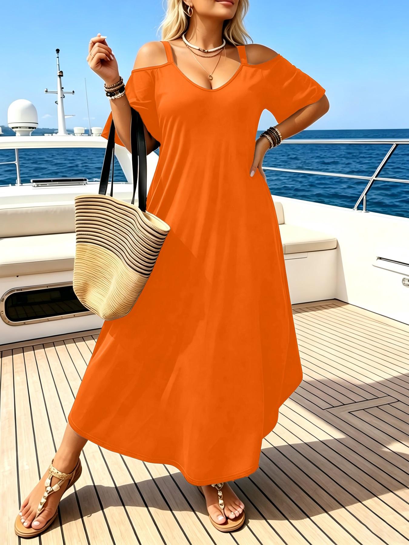 8 Color Options Plus Size Women's Summer Casual Chic Cold-Shoulder Short Sleeve A-Line Maxi Dress, Loose Fit V-Neck, Beach Vacation Essential, Casual Dresses