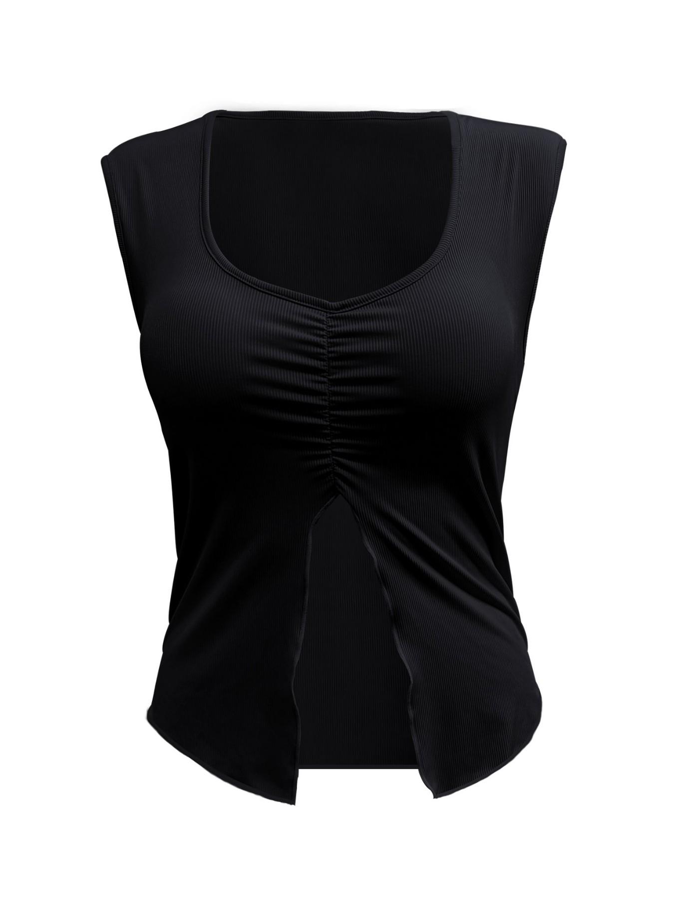 Ribbed Knit Ruched Tank Top for Women - V Neck Split Hem Sleeveless Camisole, Stretchy Casual Summer Top for All Occasions