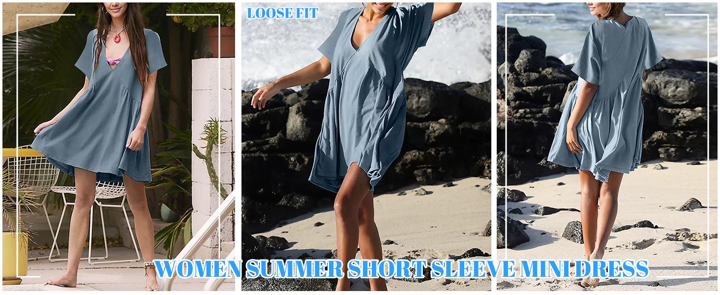 SCUSTY Women's Summer Mini Dress Casual Short Sleeve Loose V Neck Flowy Sundress Vacation Tshirt Sun Dress