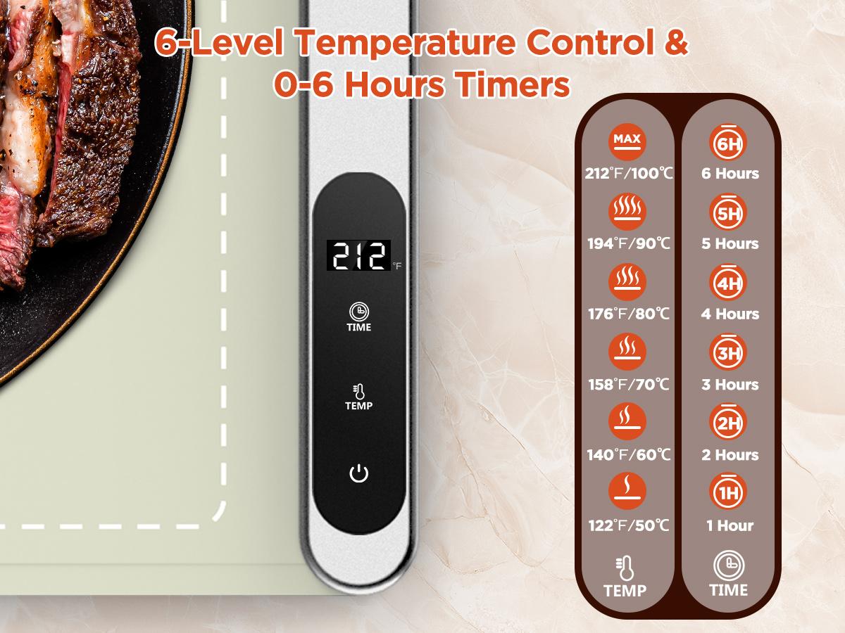 FEPPO Updated Electric Food Warming Mat with 6 Temperature Levels & 6-Hour Timer, Faster Full Surface Heating Mat, Roll Up Food Warmer for Holiday Parties & Buffets