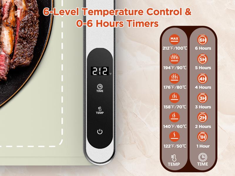 FEPPO Updated Electric Food Warming Mat with 6 Temperature Levels & 6-Hour Timer, Faster Full Surface Heating Mat, Roll Up Food Warmer for Holiday Parties & Buffets