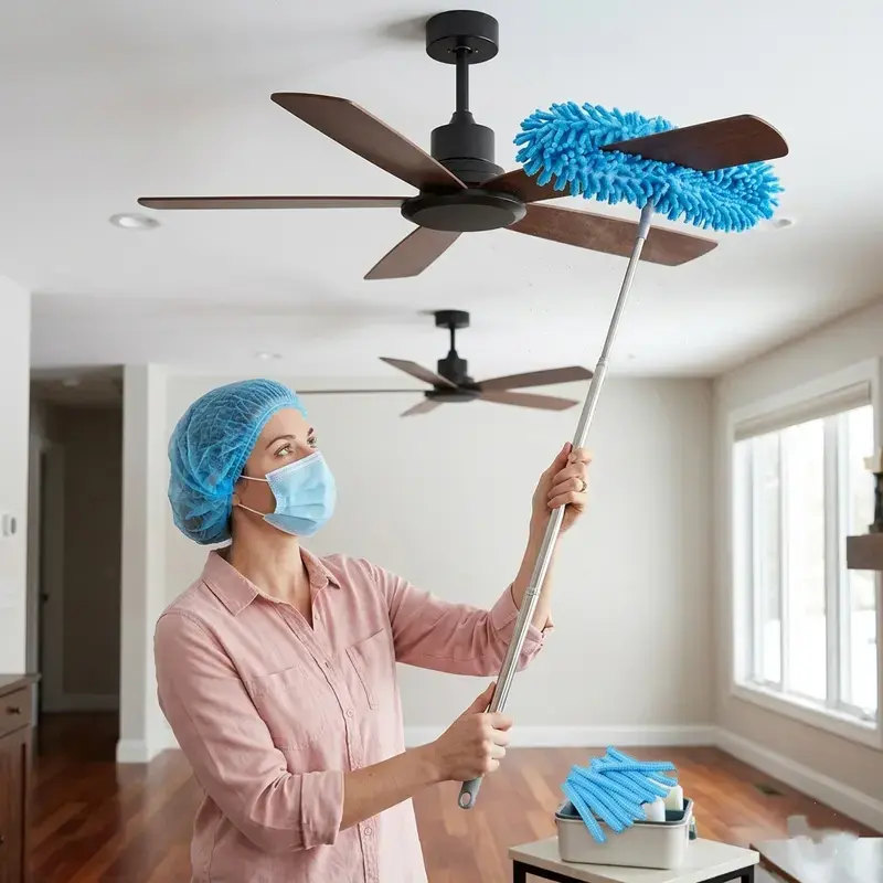 1 telescopic duster/5 dust caps and 1 telescopic duster set – Snowflake fiber cleaning brush, adjustable length, flexible handle, washable head