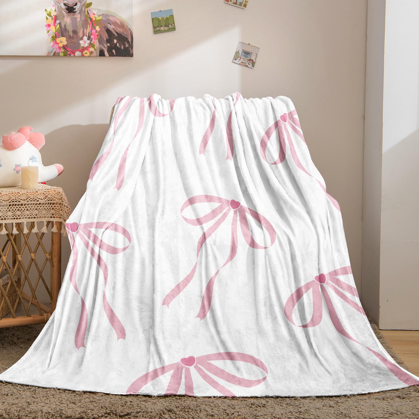 Cute Bow Knot Throw Blanket, Kawaii Pastel Ribbon Soft Flannel Blanket for Sofa Bed, Cozy Gift for Girls Women