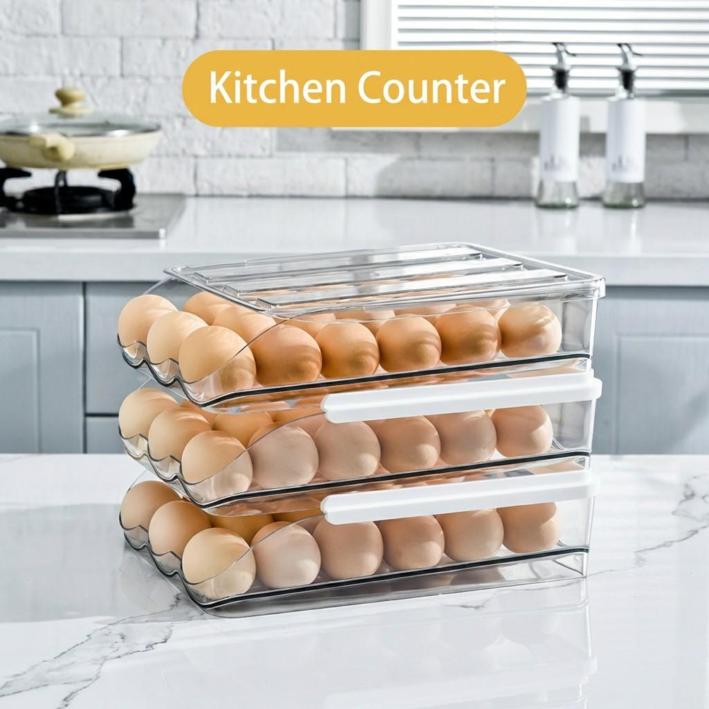 Egg Holder for Refrigerator, Automatic Rolling Egg Dispenser with Lid, Stackable Storage Rack, Transparent Plastic Egg Tray 2-Tier/3-Tier