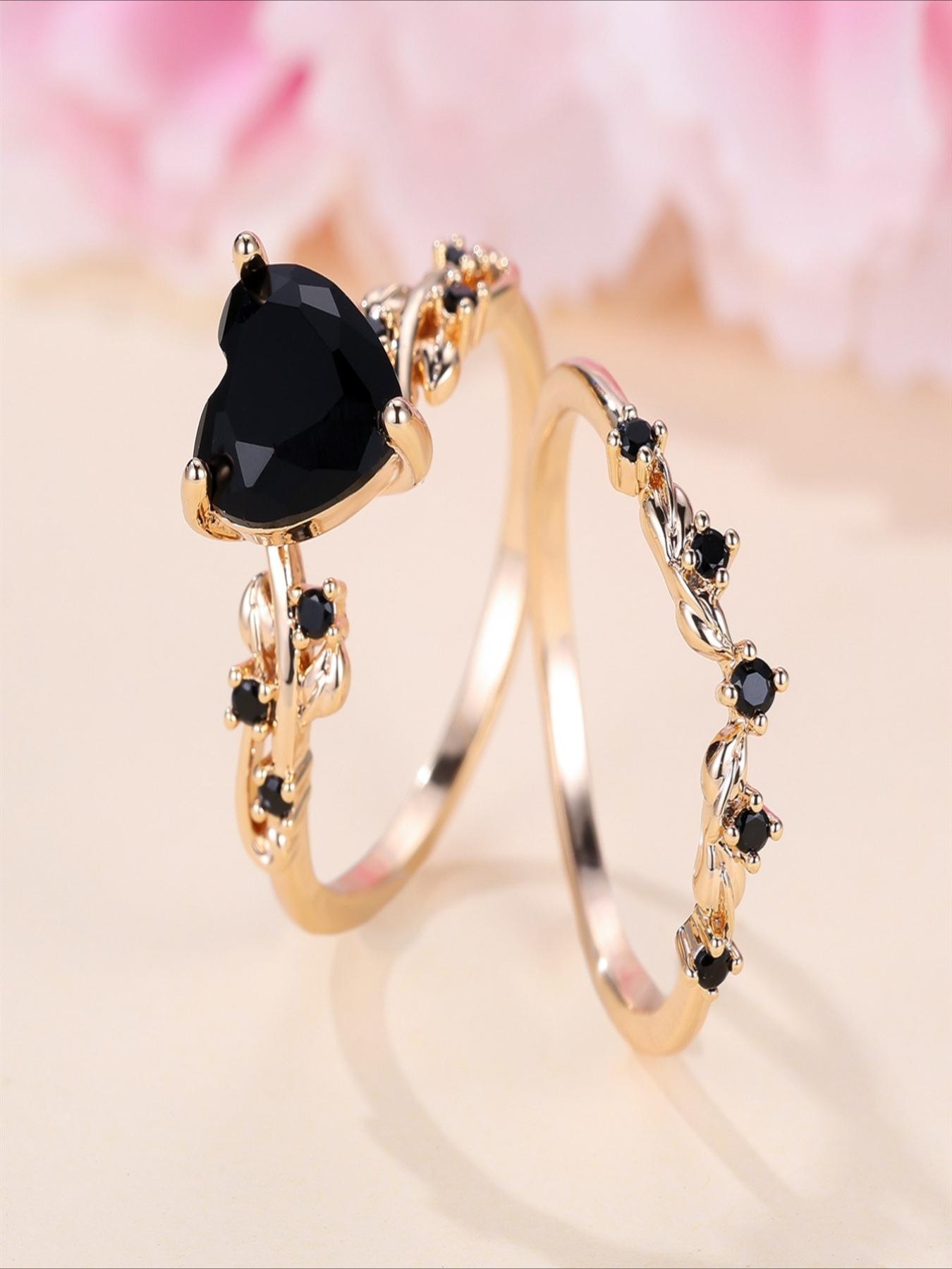 1 Set Heart-Shaped Black Zirconia Ring Set for Women - Wedding, Engagement, Party Wear, Sparkling and Gorgeous
