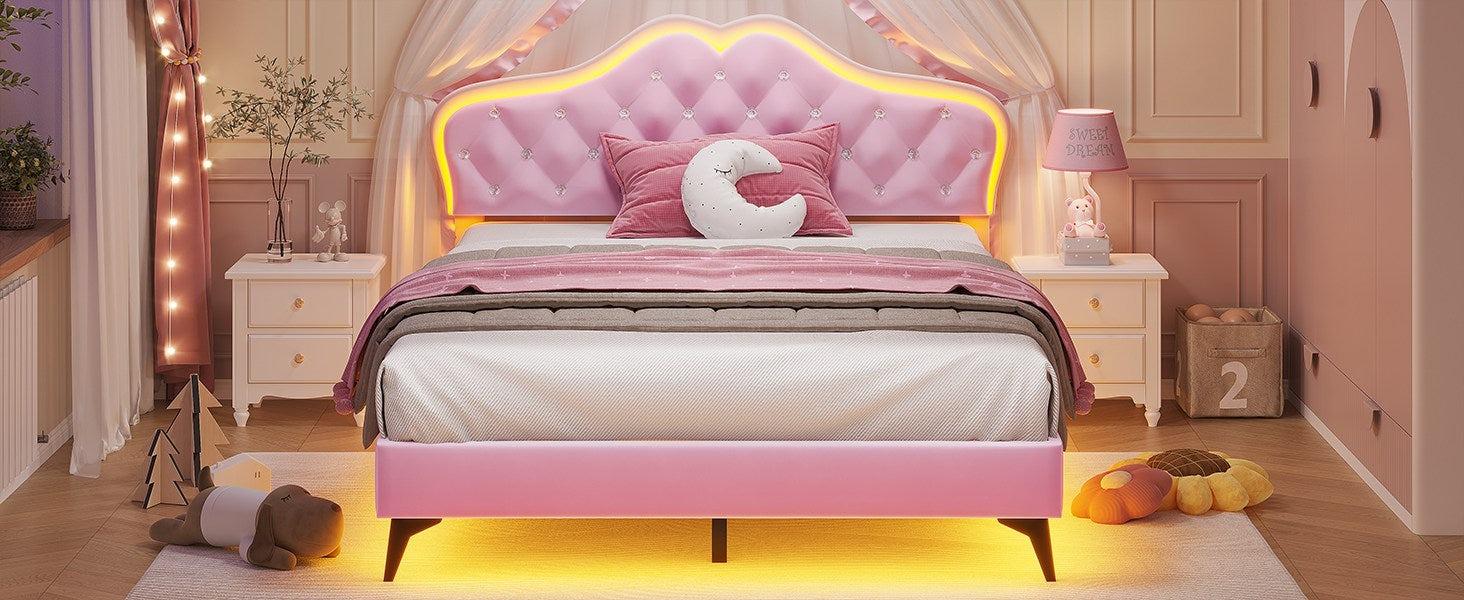 Sikaic Velvet Princess Platform RGB LED Bed Frame with Storage Drawers and Adjustable Crystal Button Headboard Creamy Pink Furniture Nursery Design Cute Interior Bedroom Set Upholstered Modern Cama Sikaic Velvet Princess Platform RGB LED Bed Frame with Storage Drawers and Adjustable Crystal Button Headboard Creamy Pink Furniture Nursery Design Cute Interior Bedroom Set Upholstered Modern Cama