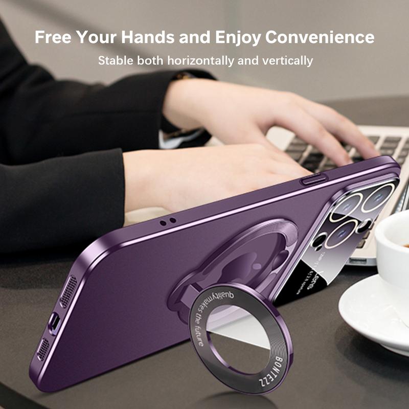 Luxury Slim Matte PC Bracket Case for iPhone 17 Pro Max 16 15 14 13 12 Magsafe Magnetic Ring Stand Case +Lens Protect Compatible with Magsafe, Window Glass Lens Camera Protector Magnetic Cover