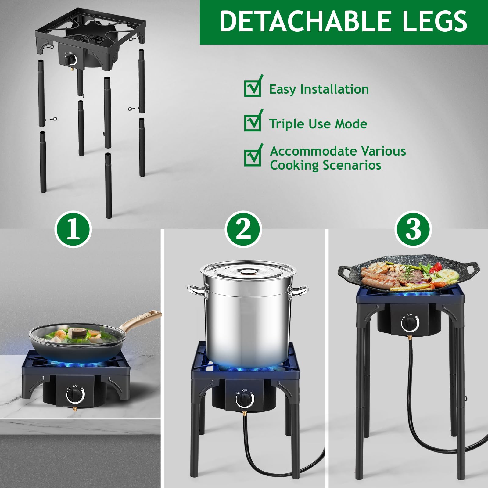 PineHome 3 Burner Propane Stove, 225,000 BTU High Pressure Outdoor Cooker with Cast Iron Head.Includes 0-20 PSI Regulator, Removable Legs for Camping, Tailgating, Home Brewing.