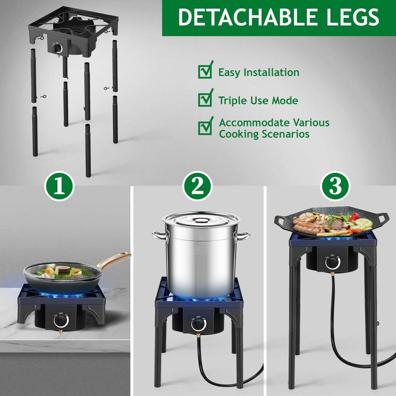 PineHome 3 Burner Propane Stove, 225,000 BTU High Pressure Outdoor Cooker with Cast Iron Head.Includes 0-20 PSI Regulator, Removable Legs for Camping, Tailgating, Home Brewing.