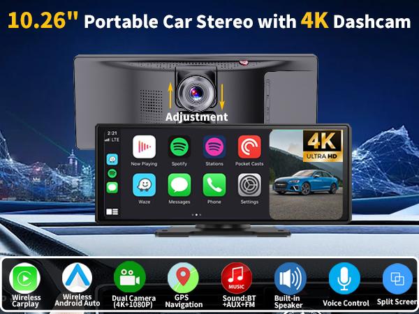 Screen 10.26" INCH Portable Car Player Carplay Android Auto Bluetooth IPS  Touch Screen Dash Cam AirPlay Android Cast  Backup Camera  Loop Recording Bluetooth  FM AUX