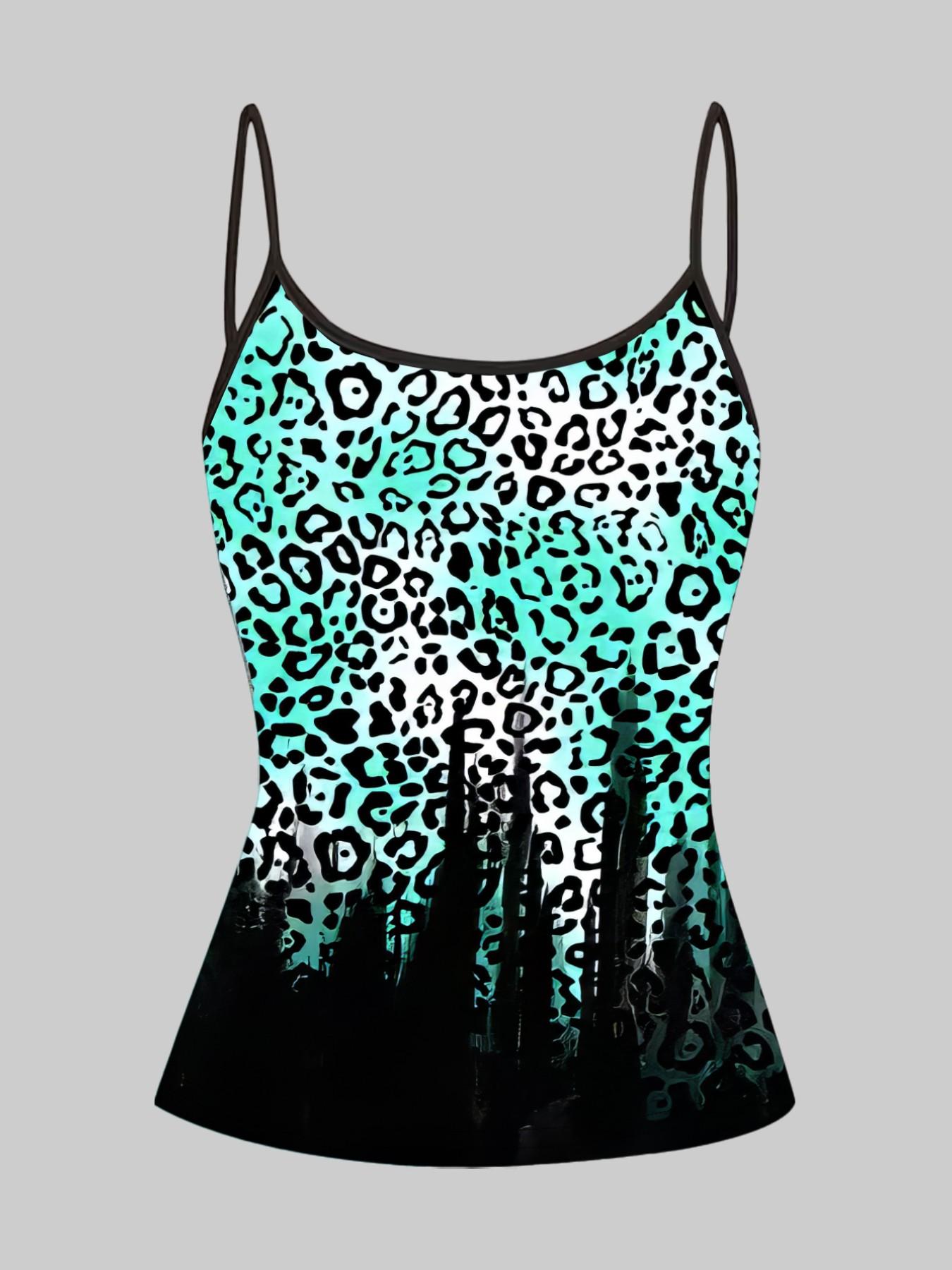 Lake Blue Floral Leopard Print Strappy Top, Summer Home Sleepwear Outerwear, Unique Slim Fit Shirt Set of Four Pieces