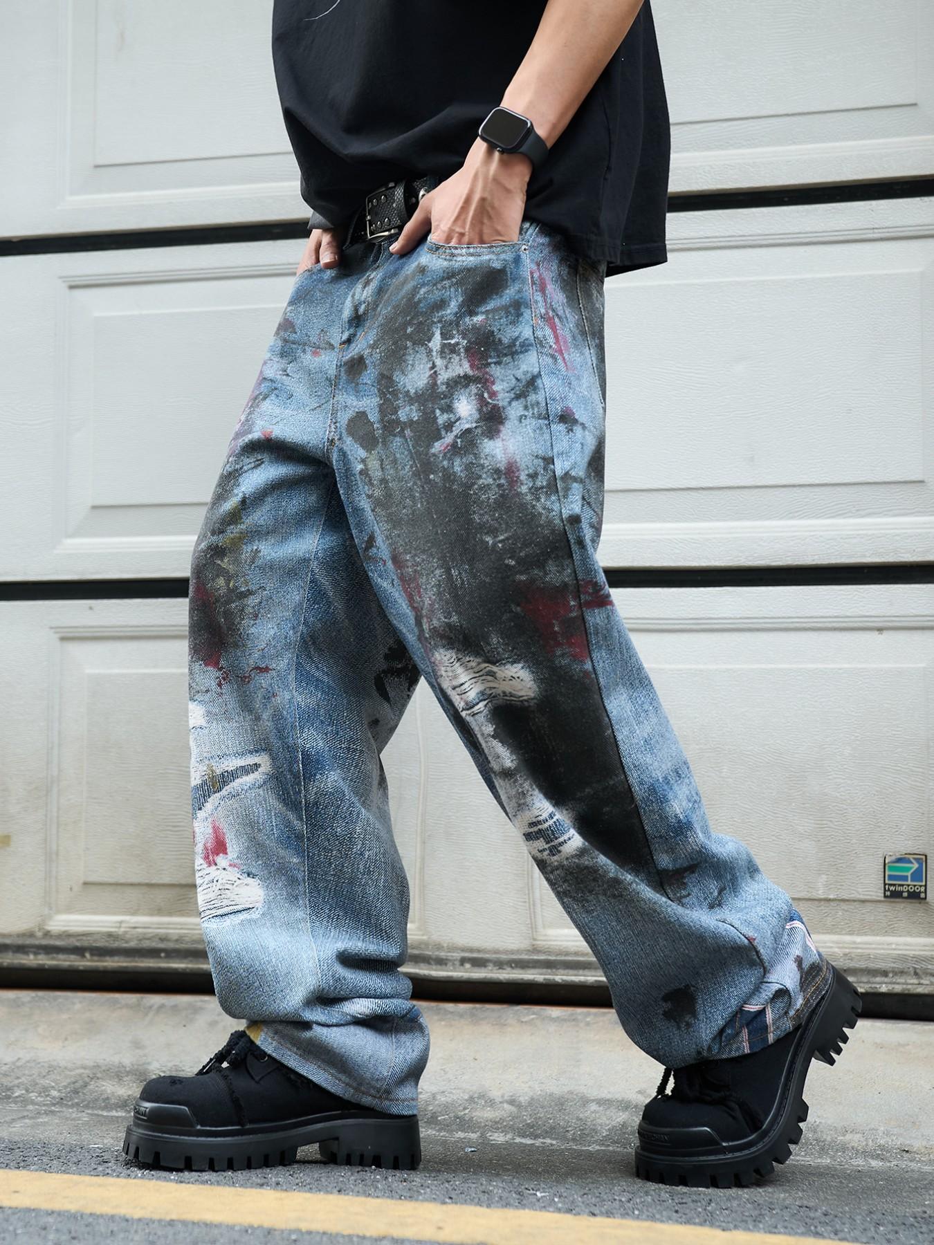 Men's 3D Printed Jeans Y2K Graffiti Denim Jeans, Loose Fit Wide Leg Vintage Washed Jeans, All Seasons Streetwear