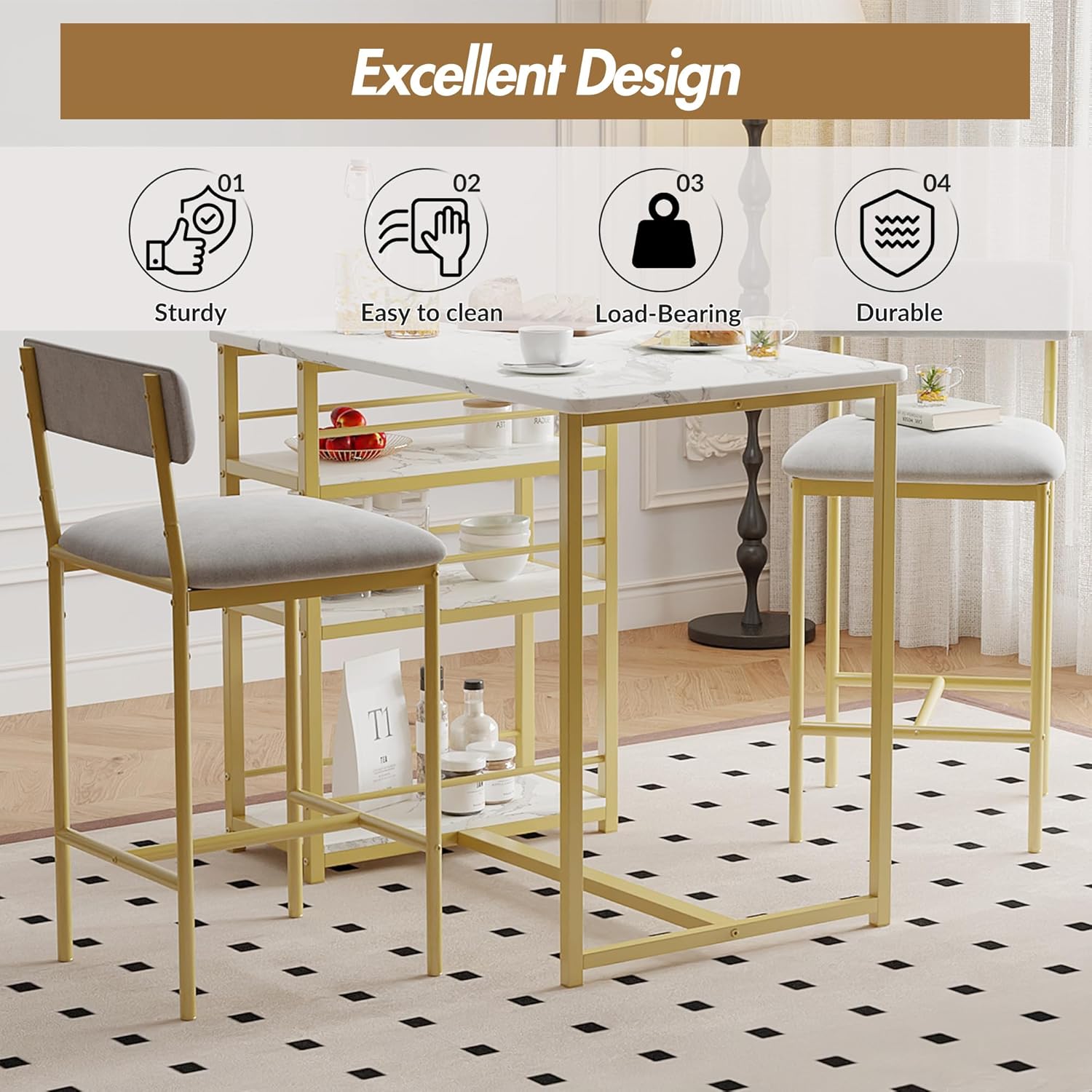 3-Piece Double Bar Table Set with 3-Tier Storage Shelves, Compact Kitchen Dining Table Set with 2 Upholstered Stools, Space-Saving Breakfast Nook for Kitchens, Taverns, Apartments