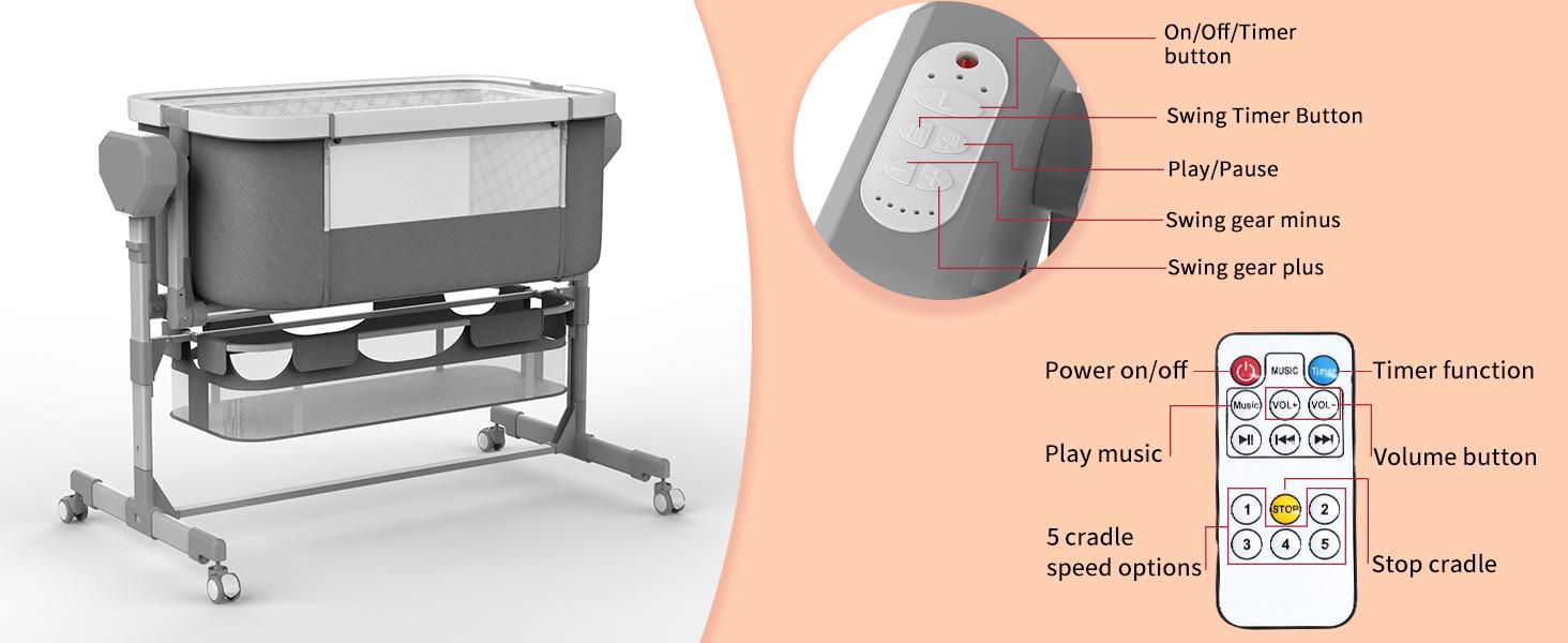 Rocking Bassinet for Baby, Electric Baby Bassinet Automatic 5 Rocking Motion Bassinet Bedside Sleeper for Newborn,  Auto Rolling Baby Cradle 6 Height Adjustable with 4 Lullabies