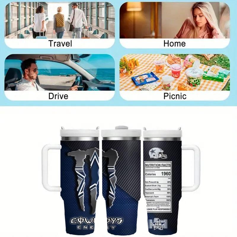 1pc Dallas Cowboys Energy Drink Pattern 40oz Tumbler, Non-Slip Handle Insulated Cup, Large Capacity Functional Beverage Straw Cup, Car/ Sports Use