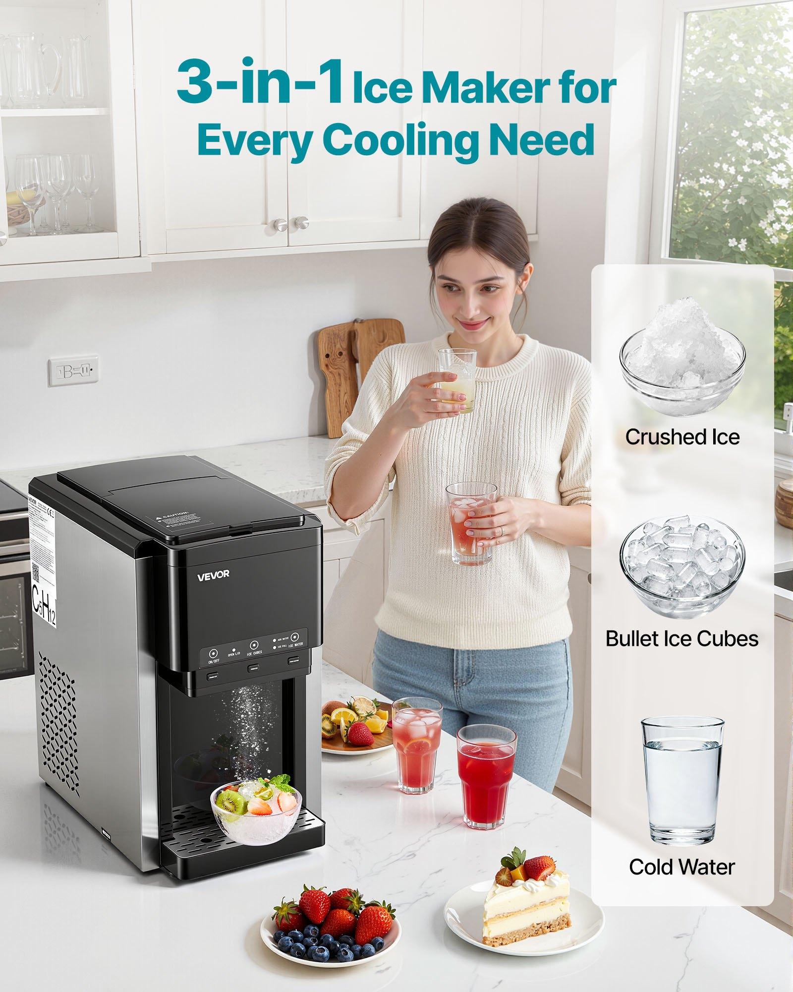 VEVOR Water Dispenser with Ice Maker, 3-in-1 Countertop Water Dispenser, 35 LBS/24H, 12 Cubes/7 Min Fast Ice Making with 4 LBS Storage, Bullet/Crushed Ices Cold-Water, for Home, Kitchen, Party
