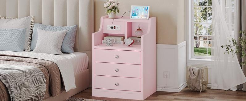 Sikaic Nightstand with Charging Station Storage Drawers Pink Bedroom Table Modern Dressing Table