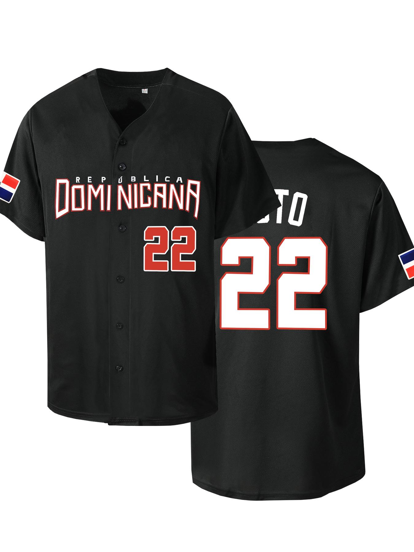 Men's Letter & Number Stitched Button Front Baseball Jersey, Stylish Jersey, Casual Loose Short Sleeve V Neck DOMINICANA 22 Baseball Top for Fall & Winter, Baseball Christmas Gifts