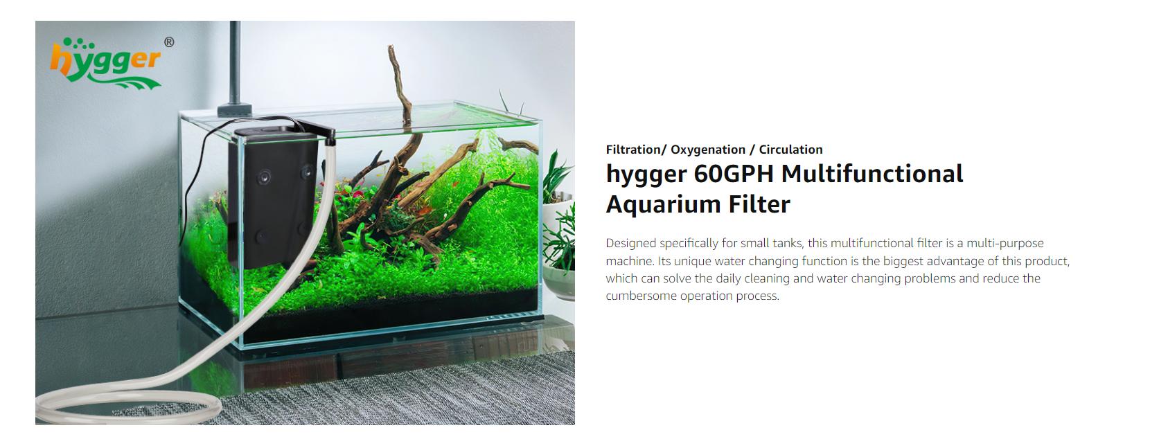 hygger Multifunctional Aquarium Filter, 60GPH Fish Tank Power Filter for Water Change, Filtration and Landscaping with Water Hose, Rainforest Tube, Sponge Ceramic Balls Filter Media
