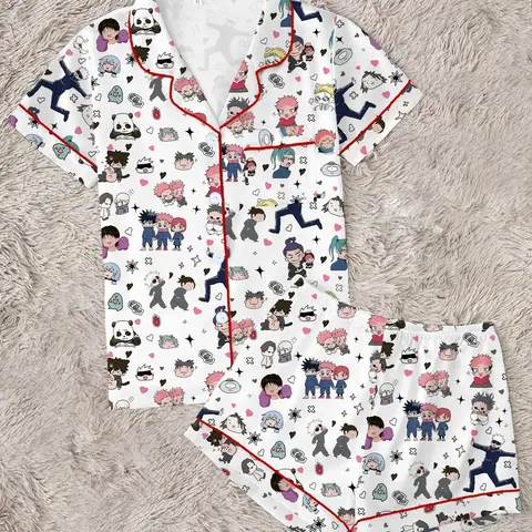Dark Anime Sorcerer Pajama Set for Women, Matching Nightwear Set, Cozy Soft Casual Cartoon Print Sleepwear, Street Style Loungewear, Fan Gift, Pjs