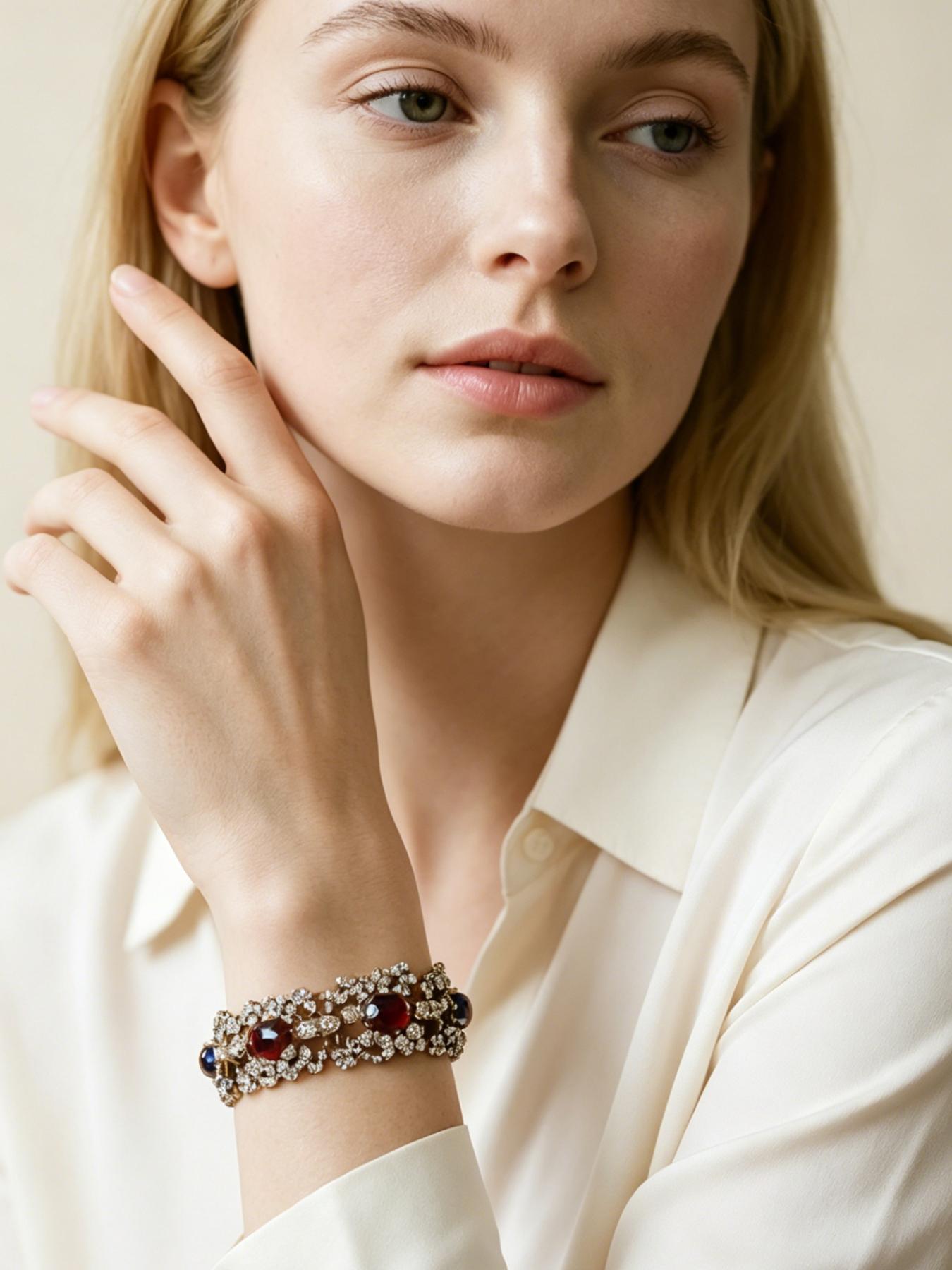 A gorgeous bracelet made of ruby-colored glass and clear crystal, suitable for daily commuting, vacation dates, and also a delightful little gift.