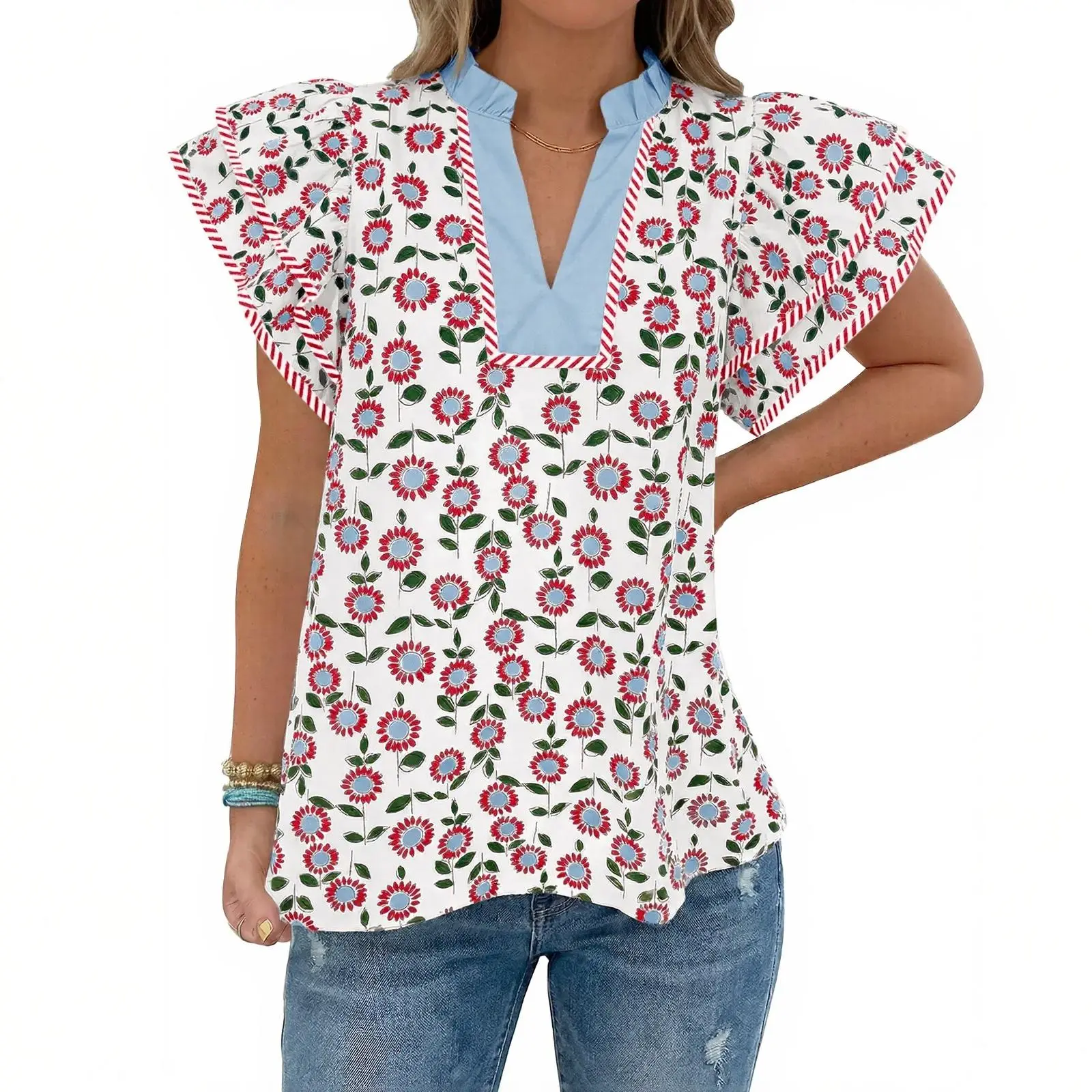 Tankaneo Womens Ruffle Sleeve Floral Blouses Summer Dressy Casual V Neck Tops Loose Fit Pleated Flowy Shirts