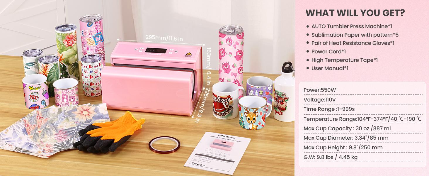 AKEYDIY Auto Tumbler Pink Heat Press Machine 30OZ Mug Press Automatic Rotation Full Print, Temp & Time Setting, Cup Transfer Machine for 11-30OZ Ceramic, Glass, w/Sublimation Papers, Heat Tape & Gloves,Christmas Gifts,Black Friday