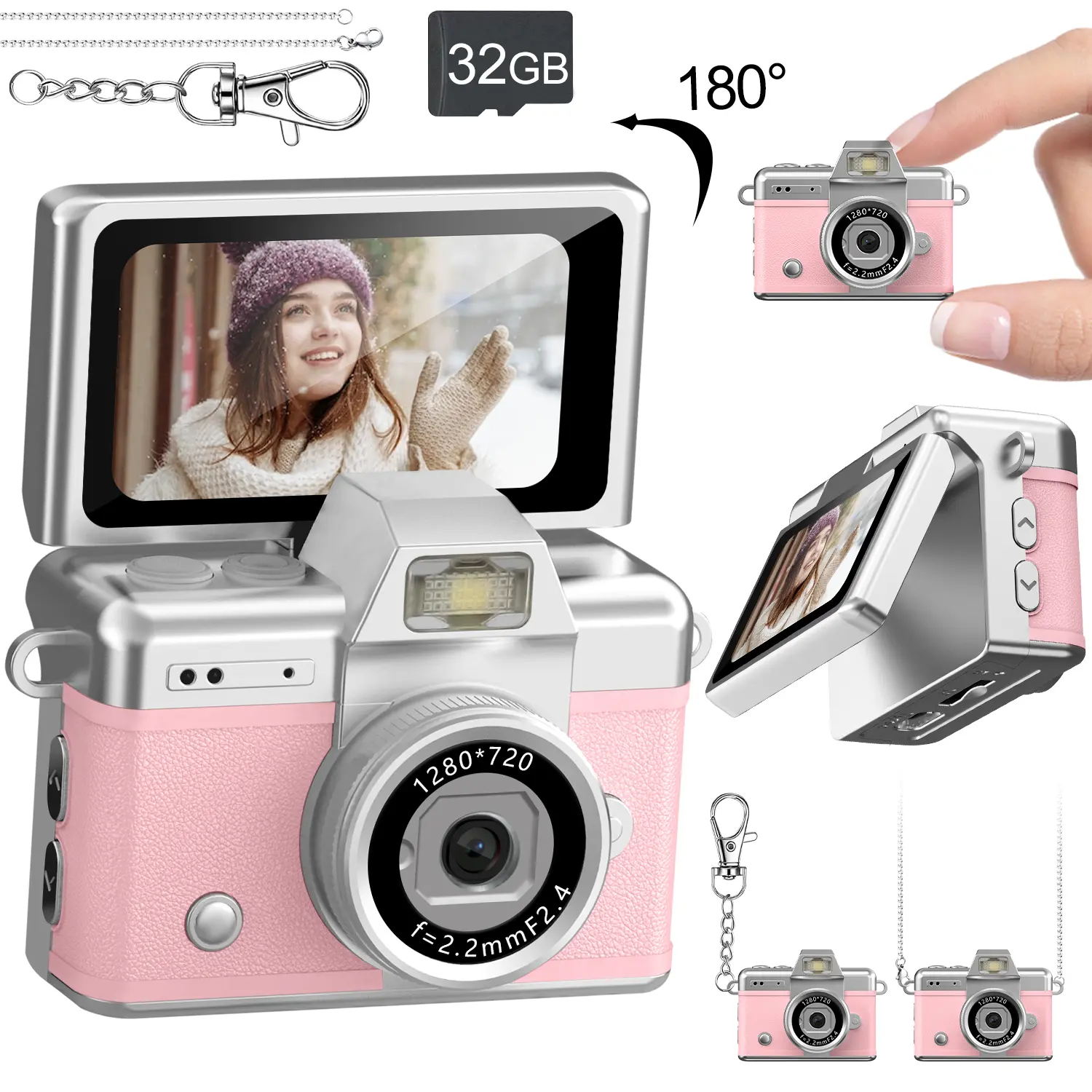 Thumb-Sized Ccd Flip Camera, Portable Vlogging Camera, Fashion Accessory, 180° Rotatable Screen, Backlight, Movie-Level Vlogs, 32GB Memory Card Included