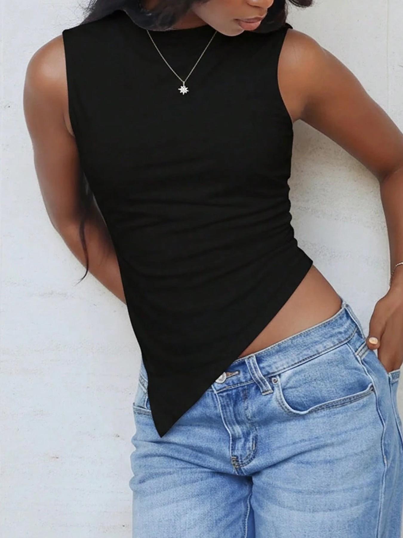 Women's Solid Color Sleeveless Mock Neck Cropped Tank Top, Asymmetrical Hem, Stretchy Fabric, Casual & Daily Wear,Multipack