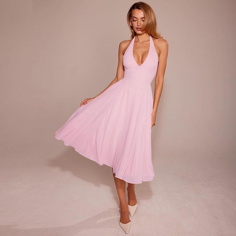 Women‘s Mesh Solid Ruched Sleeveless Halter Slip Dress, Plain Slim Fit V-neck Backless Elegant Pleated Midi Dress, Party Club Date Holiday Daily Casual Dresses For Ladies All Seasons Summer Fashion Clothes