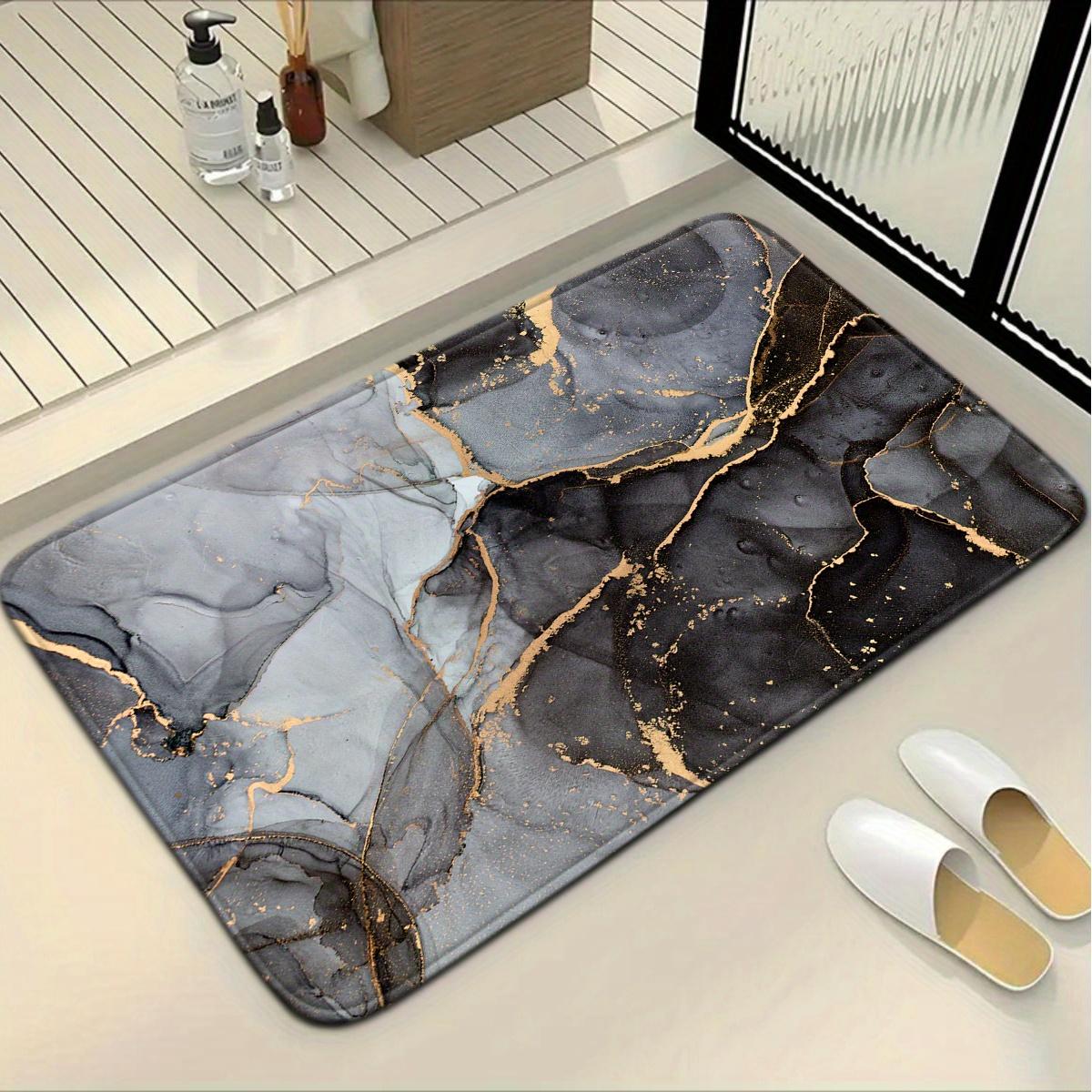 3-Piece Modern Art Black Gray Gold Marble Bath Mat Set, Flannel Non-Slip Absorbent Rug, Toilet Lid Cover & U-Shape Pad